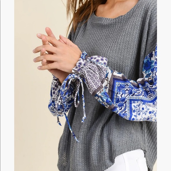 In Loom Waffle Knit Thermal Mix Print Contrast Long Sleeves Top Blouse Size L - Picture 3 of 11